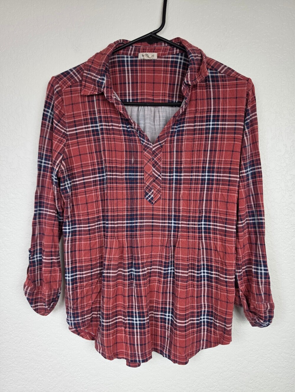 Westport Y2K Petite Medium Red Plaid Rayon Spandex Shirt